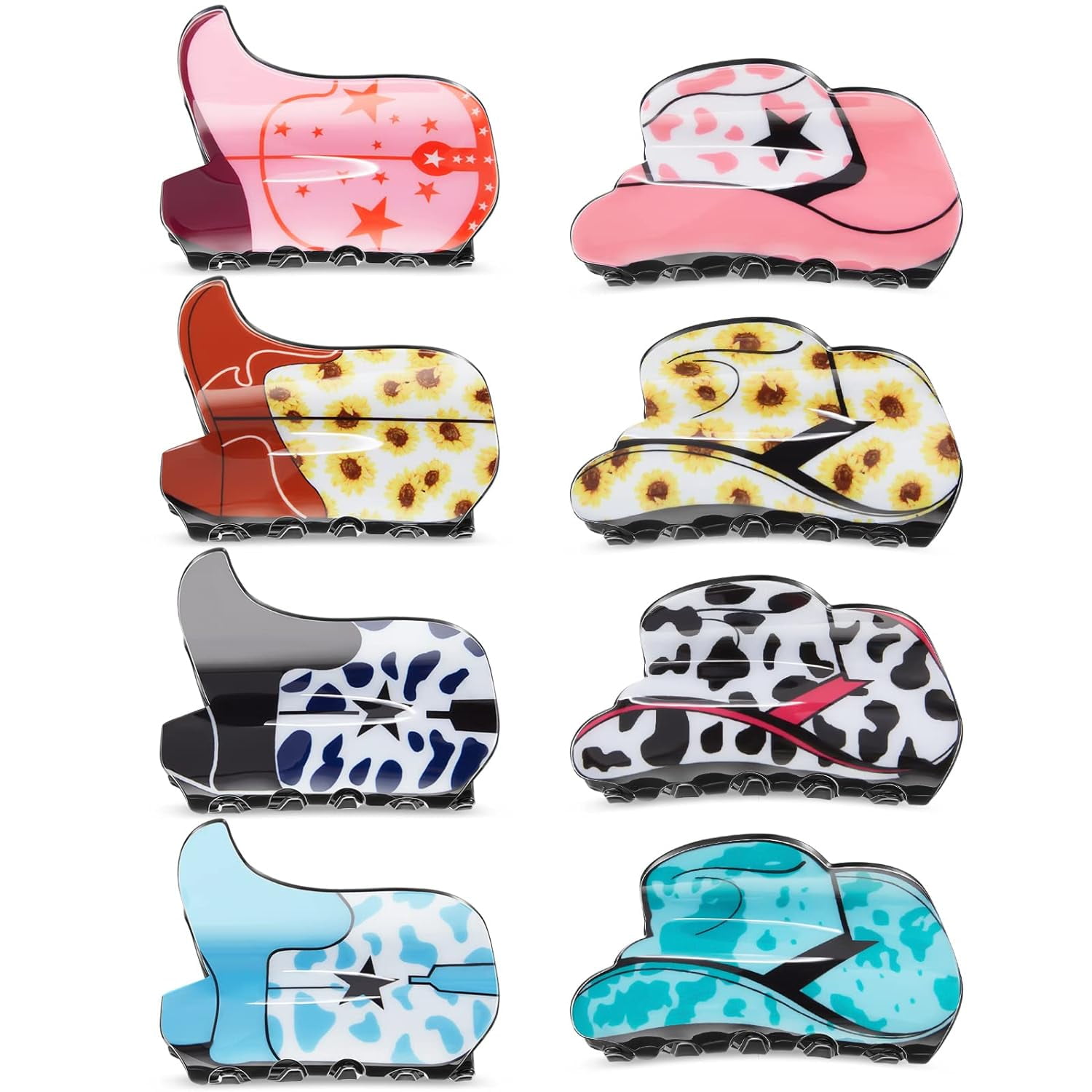 Zgui 8 Pcs Western Cowgirl Hair Claw Clips Sunflower Leopard Star Shark Boot Hat Jaw Hair Clip Large Cowgirl Acrylic Western Hair Accessories Nonslip Hair Barrette Hair Styling A418