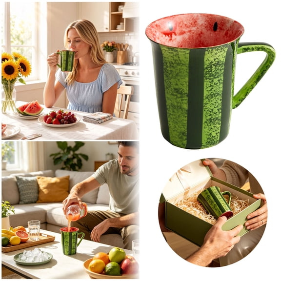 Zguuel Hand-Painted Watermelon Ceramic Cup, Unique Watermelon Themed Coffee Tea Mug with Reverse Lip Design, Colorful Handcrafted Drinkware for Home Kitchen, Fruit Pattern Ceramic Mug