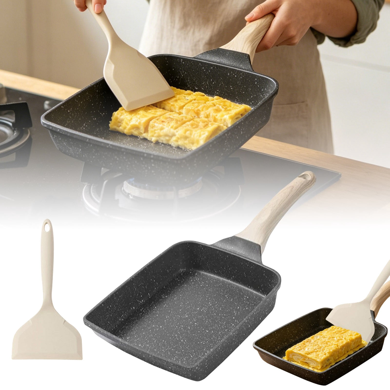 Zguuel Square Pan Set, 7Inch Frying Pan, Skillets and Frying Pans Non Stick Kitchen Pans Frying Pans For Everyday Cooking with A Spatula (Black)