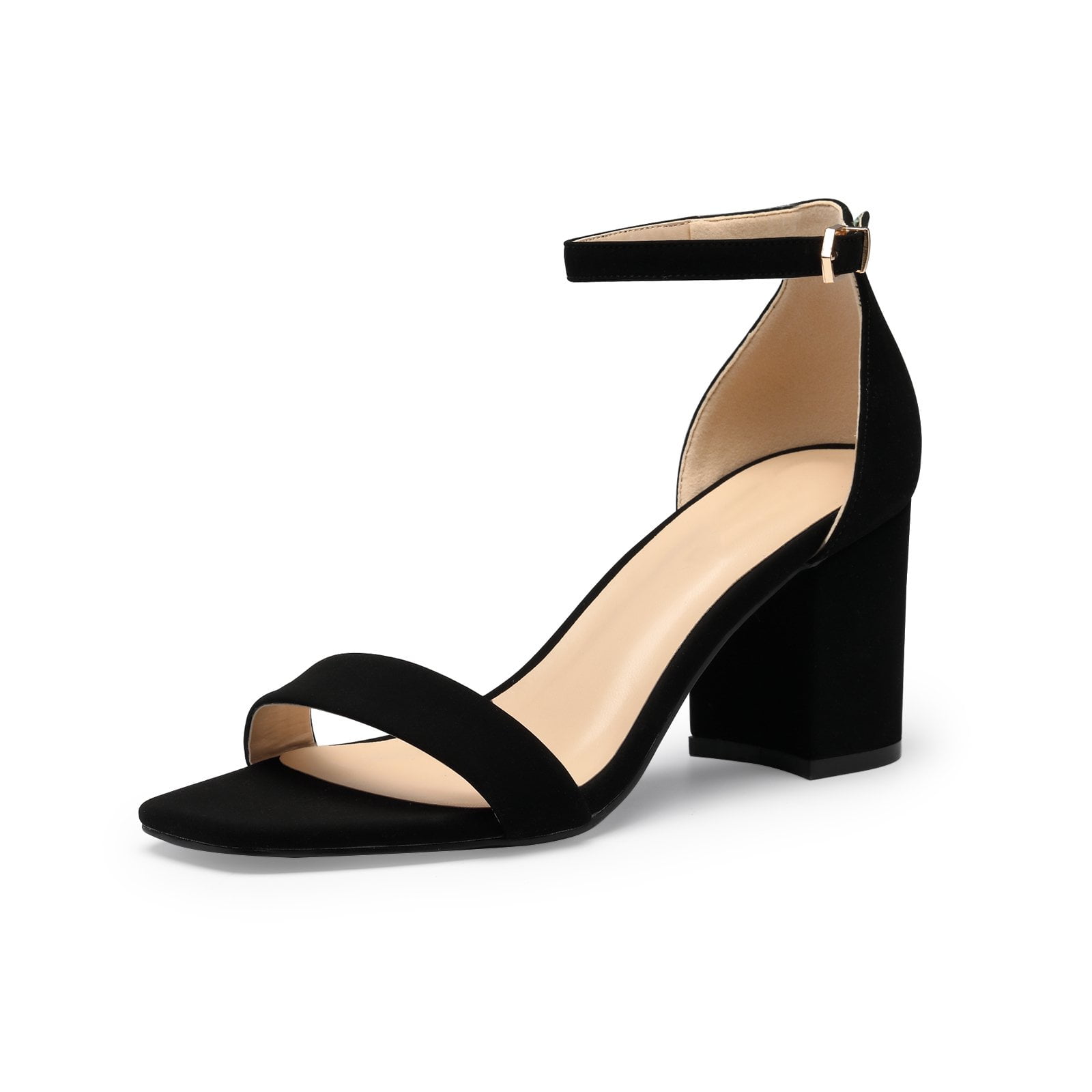 Zhabtuc Open Toe Ankle Strap Heels Square Toe Block Chunky Low