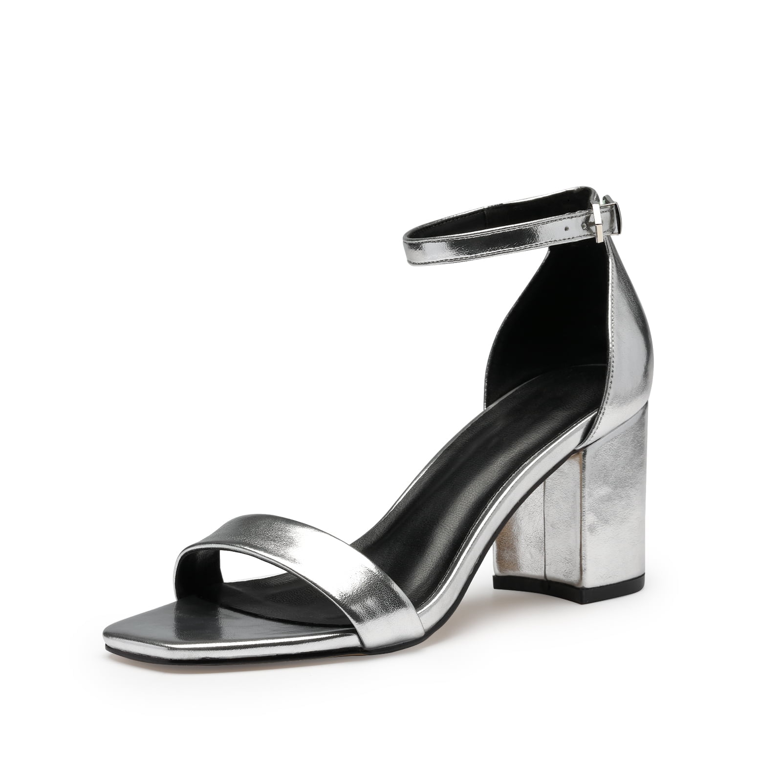 Zhabtuc Open Toe Ankle Strap Heels Square Toe Block Chunky Low