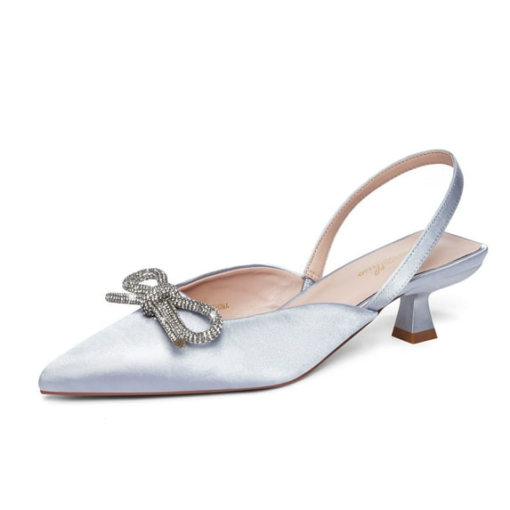 Zhabtuc Slingback Rhinestone Bow Heels for Women Closed Pointed Toe Kitten Pumps Slip On Stilettos Wedding Bride Dress Shoes Pink Size 9