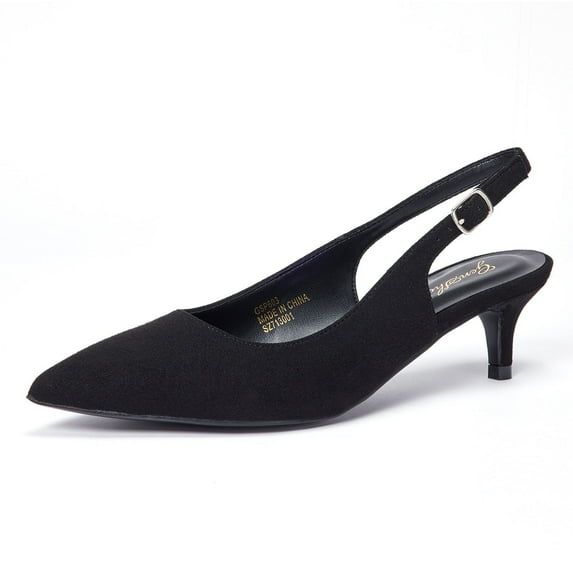 Zhabtuc Women's Classic Black Pointed Toe Comfortable Kitten Heel Pumps - Slingback, Adjustable Ankle Strap, Perfect for Work