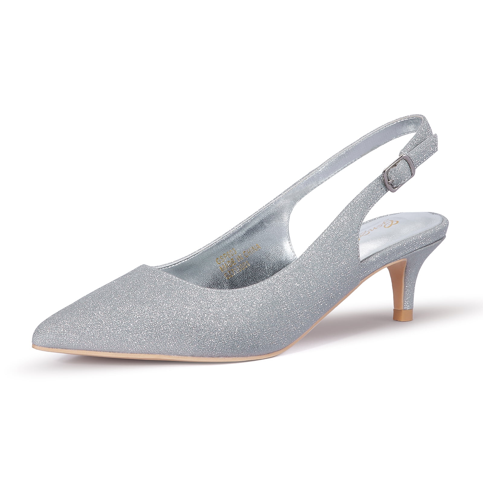 Zhabtuc Women Slingback Kitten Heels Closed Pointed Toe Ankle Strap Pumps Work Office Shoes Silver Size 9.5
