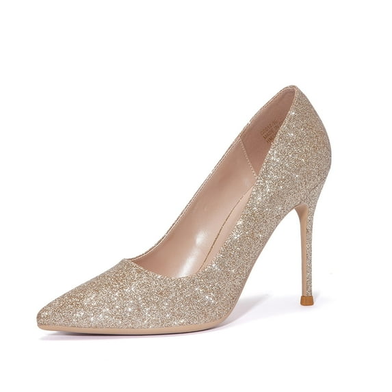 Zhabtuc Women's Classic Slip On High Heels Sexy Pointed Toe Pumps Stiletto Pumps Party Dress Shoes Gold Glitter Size 8.5