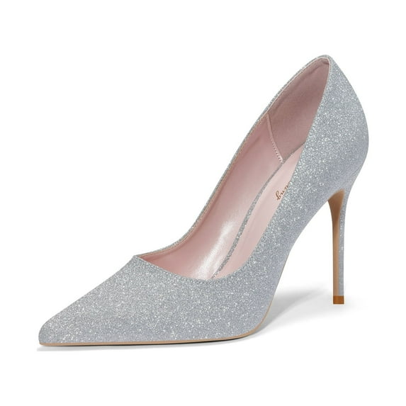 Zhabtuc Women's Classic Slip On High Heels Sexy Pointed Toe Pumps Stiletto Pumps Party Dress Shoes Silver Glitter Size 8.5