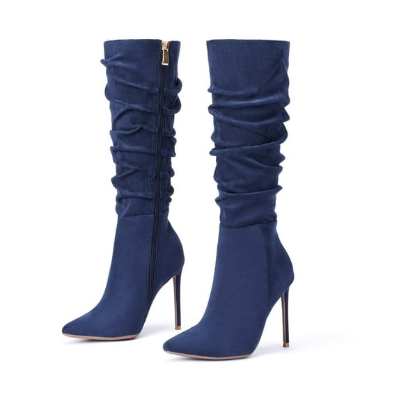 Zhabtuc Women's Knee High Booties,Faux Suede High Boots for Women,4" Stiletto Heel Pointed Toe Knee High Boots Women Side Zipper Boots for Women Knee High Dress Shoes