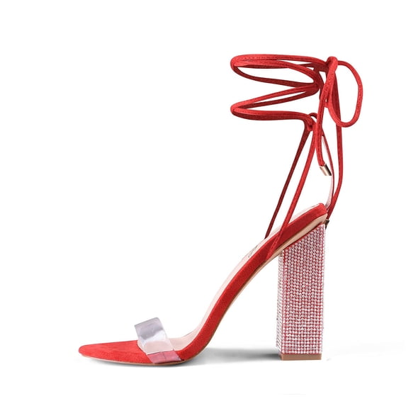 Zhabtuc Women's Open Toe Strappy Sandals Chunky Rhinestone Heel Sandals Lace Up Block Heels Prom Party Shoes Red Size 9.5