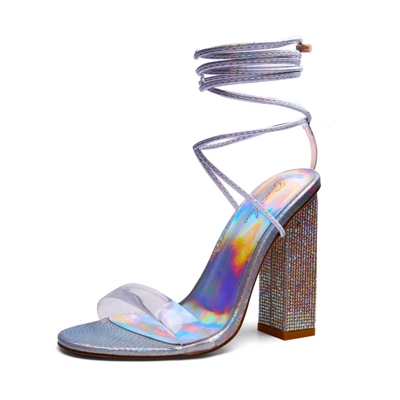 Zhabtuc Women's Open Toe Strappy Sandals Chunky Rhinestone Heel Sandals Lace Up Block Heels Prom Party Shoes Silver Size 7