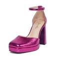 thumbnail image 1 of Zhabtuc Women's Platform Chunky Pumps Heels, 4 Inch Square Toe Block Sandals Closed Toe Ankle Strap Strappy Platform Pumps Party Shoes Hot Pink Size 8, 1 of 6