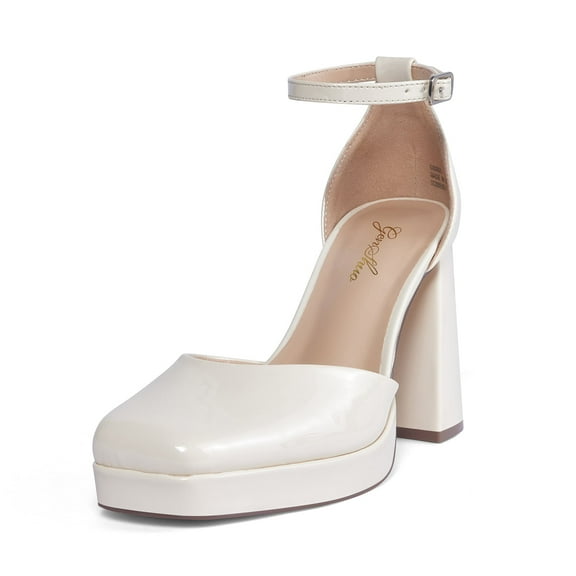 Zhabtuc Women's Platform Chunky Pumps Heels, 4 Inch Square Toe Block Sandals Closed Toe Ankle Strap Strappy Platform Pumps Party Shoes Milky White Size 9