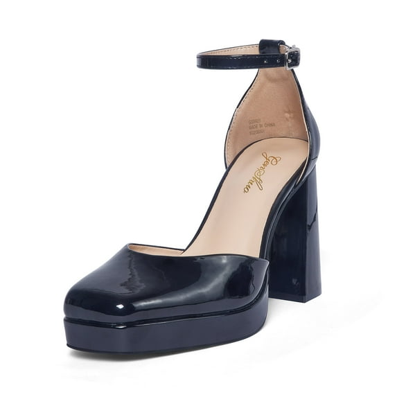 Zhabtuc Women's Platform Chunky Pumps Heels, 4 Inch Square Toe Block Sandals Closed Toe Ankle Strap Strappy Platform Pumps Party Shoes Black Size 8.5