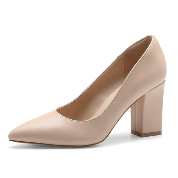 Zhabtuc Women's Pointed Toe Chunky High Heels Closed Toe Block Heels Slip on Pumps Dress Office Pumps Shoes for Lady Nude Size 7