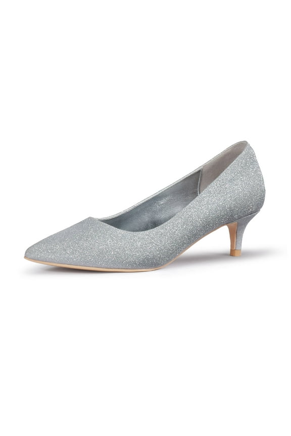 Womens Kitten Heels,2 Inch Low Heel Pumps Slip On Closed Pointed Toe Pumps Office Work Shoes Dress Pumps Silver Size 9