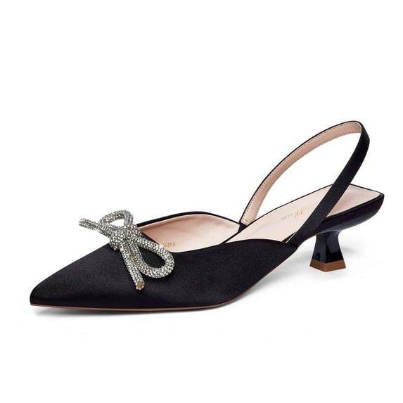 Zhabtuc Zhabtuc Slingback Rhinestone Bow Heels for Women Closed Pointed Toe Kitten Pumps Slip On Stilettos Wedding Bride Dress Shoes Black Size 10