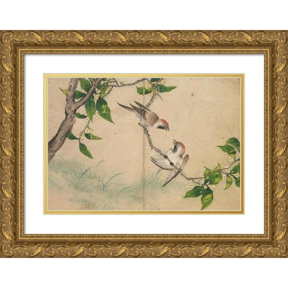 Zhang Ruoai 14x11 Gold Ornate Wood Frame and Double Matted Museum Art Print Titled - Gossiping Sparrows (18th Century)