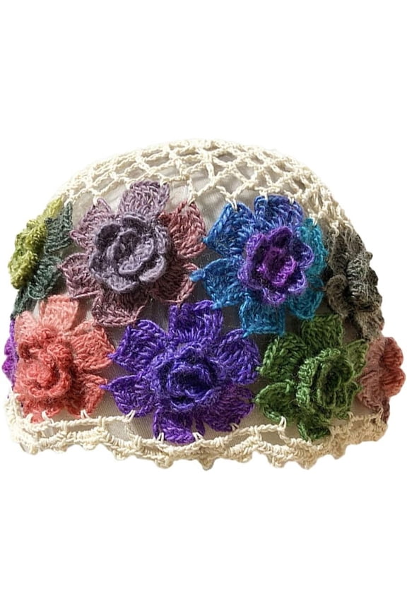 Crochet Beanie Hat for Women Men Y2k Floral Boho Knitted Beanie Cotton Flower Patterned Slouchy Skull Cap Lace Head Wrap