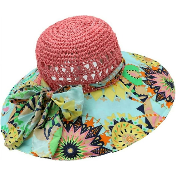 ZhangBaoLin Floral Straw Sun Hat Bohemian Wide Brim Summer Beach Hat UV Protection Fishing Hat