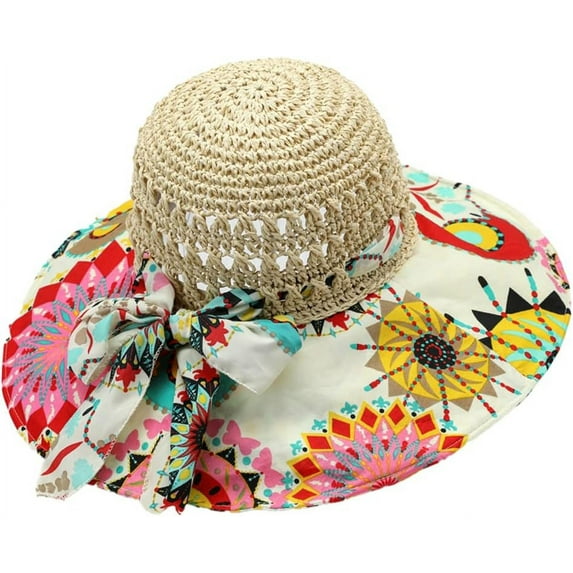 ZhangBaoLin Floral Straw Sun Hat Bohemian Wide Brim Summer Beach Hat UV Protection Fishing Hat