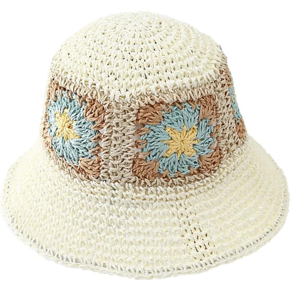 ZhangBaoLin Straw Sun Hat Floral Woven Wide Brim Bucket Beach Hat UV Protection Summer Fishing Hat