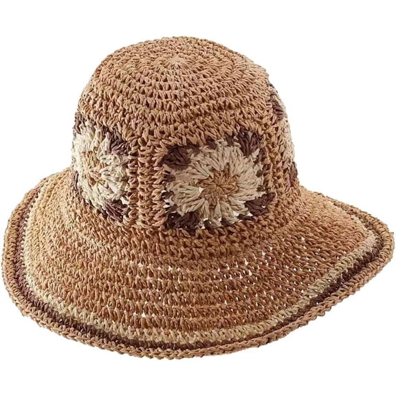 ZhangBaoLin Straw Sun Hat Floral Woven Wide Brim Bucket Beach Hat UV Protection Summer Fishing Hat