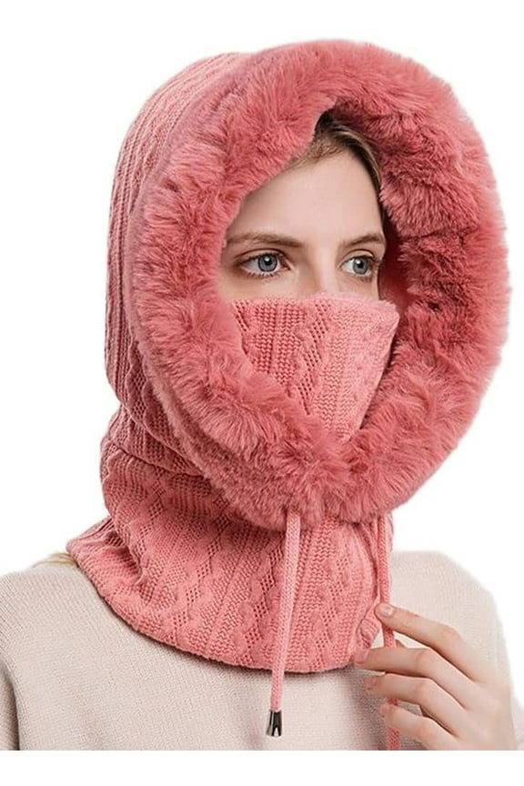 Women One Piece Slouchy Fleece Beanie Hats Scarf Mask Drawstring Warm Hooded Winter Balaclava Pullover Knitted Hat