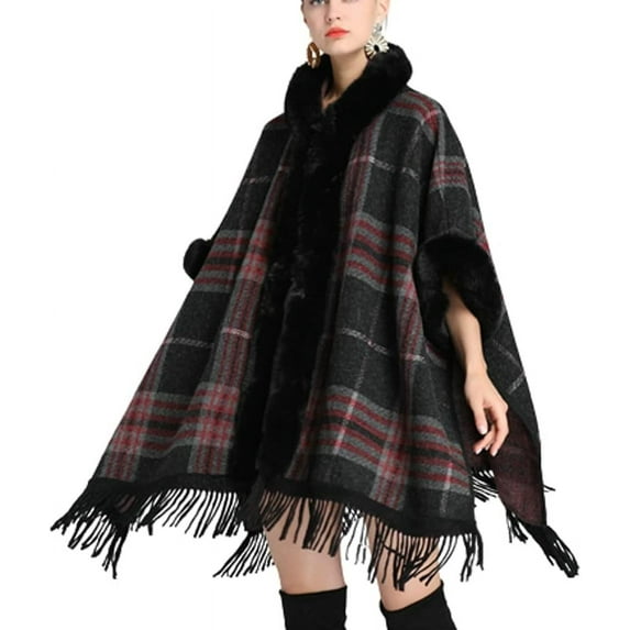 ZhangBaoLin Women Plaid Faux Fur Trim Cloak Poncho Winter Fringed Hooded Cape Wrap Open Front Cardigan Sweater Coat