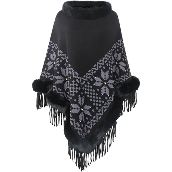 ZhangBaoLin Women Shawl Wrap Cardigan Faux Fur Collar Poncho Cape Sweater Winter Fashion Tassels Coat