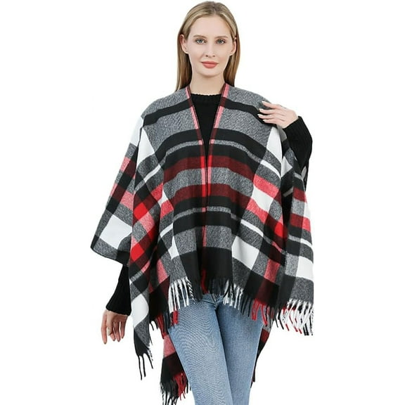 ZhangBaoLin Women Shawl Wrap Cardigan Plaid Poncho Cape Tassels Open Front Long Blanket Winter Sweater Coat