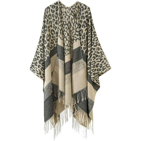ZhangBaoLin Women Shawl Wrap Cardigan Poncho Cape Open Front Long Sweater Coat Leopard Travel Office Blanket