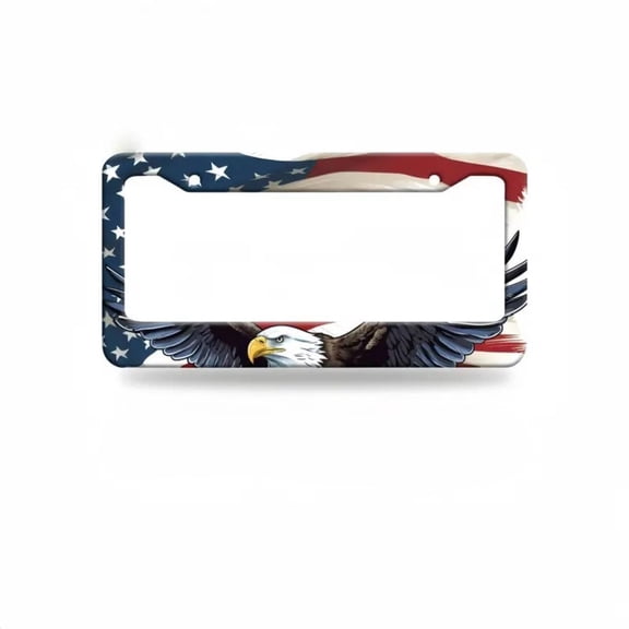 ZhangC American Flag Bald Eagle License Plate Frame, Rustproof Aluminum Car Plate Holder, Patriotic Metal Tag Frame with Screw Caps, Fits Standard 12x6 Inch US Plates