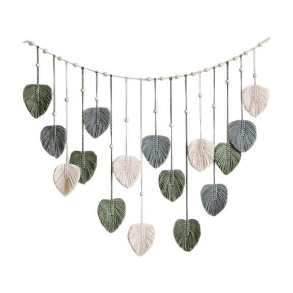 ZhangC Boho Macrame Wall Hanging, Handmade Leaf Tapestry Wall Decor, Green Brown & Cream Woven Leaves Art for Living Room Bedroom, Bohemian Farmhouse Home Decoration with Wooden Dowel