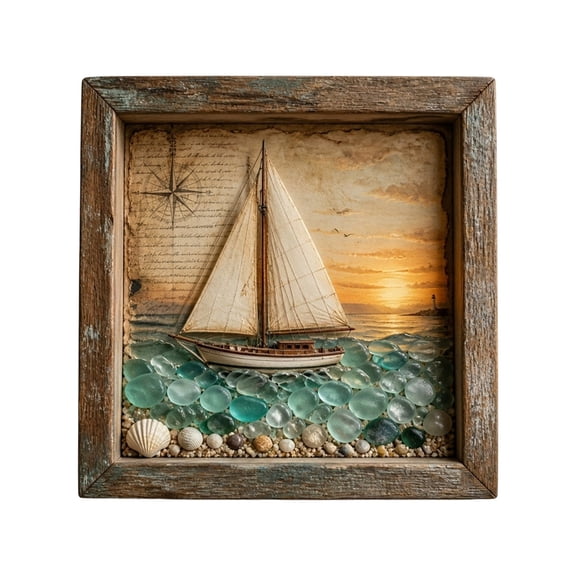 ZhangC Coastal Lighthouse Sea Glass LED Box Light, 8.5 Inch Beach Shadow Sea Glass Frame Box Wall Decor with LED, Wall Tabletop Decor for Beach Cottage, Shelf, Mantel and Home Display