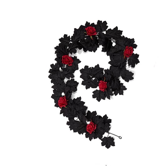 ZhangC Fall Artificial Maple Leaf Garland with Red Rose, 69 Inch Fall Hanging Vines with Black Leaves, Thanksgiving Halloween Indoor Outdoor Decor for Mantel, Staircase, Wedding and Party