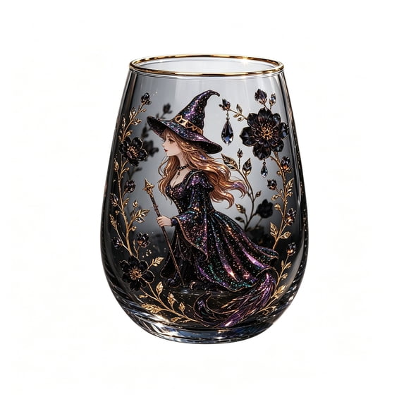 ZhangC Halloween Witch Floral Devise Wine Glass, 14.2 Oz Gold Rim Stemless Drinking Glass, Decorative Witch Flower Cup for Party, Home, Gift and Bar Use, Halloween Gift