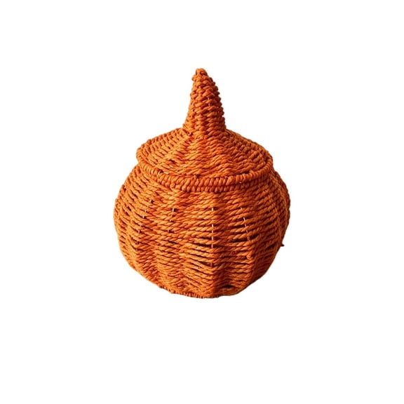 ZhangC Orange Woven Pumpkin Storage Basket with Lid, Fall Decorative Pumpkin Jar, Rattan Style Tabletop Organizer for Halloween Thanksgiving and Home Decor