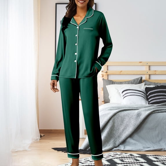 ZhangNan Cute Pajama Sets Long Sleeve Sleepwear Button Loungewear Soft 2 Piece Set With Pockets Long Pants Satin Fabric 2PC, One Size, Size M-2XL