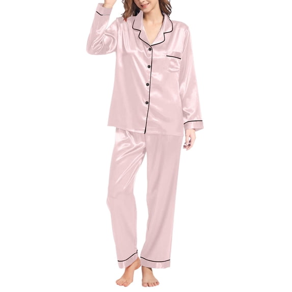ZhangNan Silk Like Pajamas Long Sleeve Set Two Piece Sleepwear Button Down Nightwear Loungewear Sets Silk Like Fabric 2PC, One Size, Size M-5XL