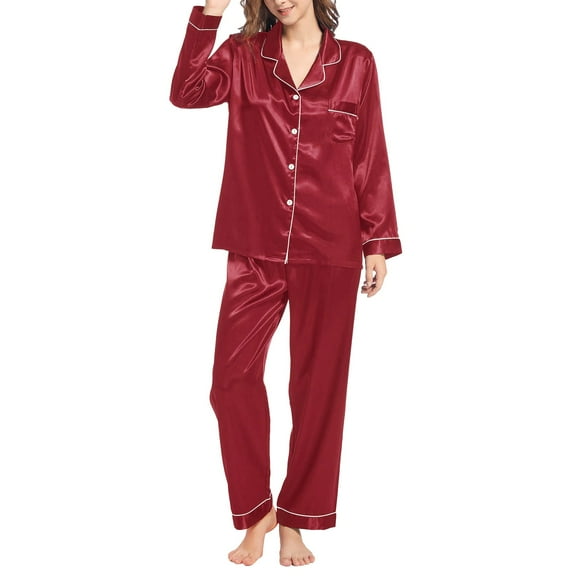 ZhangNan Silk Like Pajamas Long Sleeve Set Two Piece Sleepwear Button Down Nightwear Loungewear Sets Silk Like Fabric 2PC, One Size, Size M-5XL