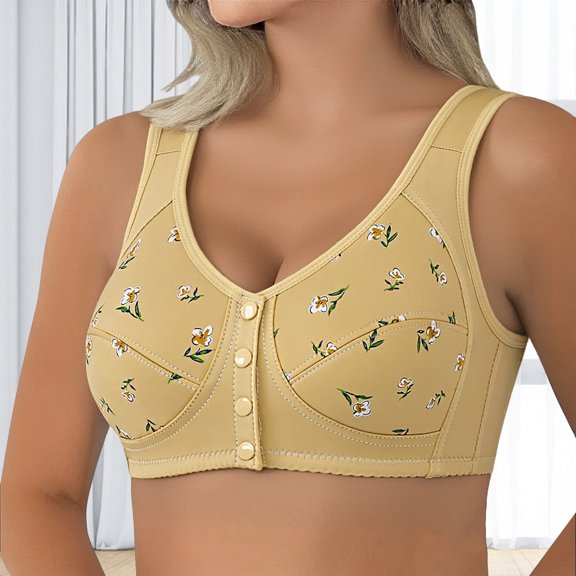 ZhangNan Soft Cotton Bras For Comfort, Soft Cotton Thin Front Buttoned Lingerie No Wire Back Fitting Bra, Yellow Front Buttoned Bras For Easy Dressing, Yellow 6XL, Size S-6XL