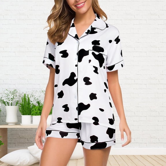 ZhangNan Summer Short Sleeved Lapel Shirt Pajama Set Shorts Home Clothes Polyester Spandex Fabric 2PC, One Size, Size M-2XL