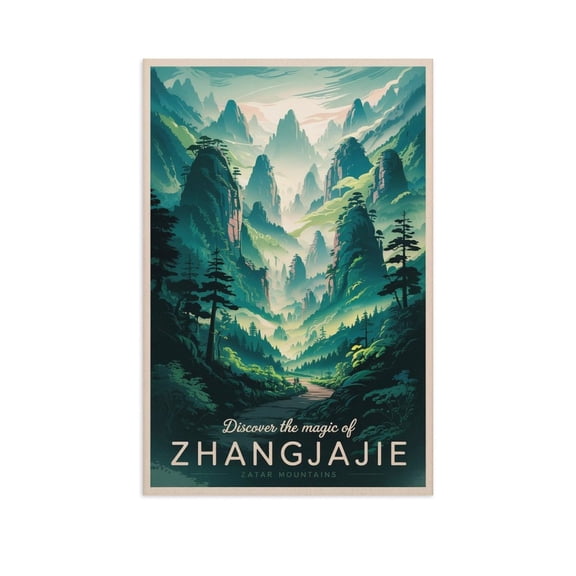 Zhangjiajie Retro Travel Poster Vintage Chinese City Tourism with Avatar Mountains & Scenic Beauty Canvas Poster