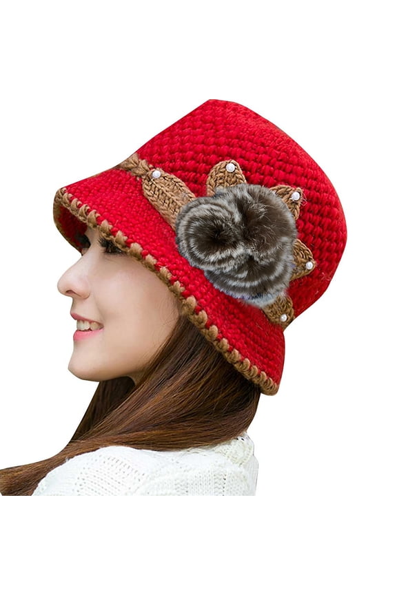 Bucket Hat for Delicate Women Fashion Lady Winter Warm Crochet Knitted Flowers Decorated Ears Hat RD Fashion Winter Accessories