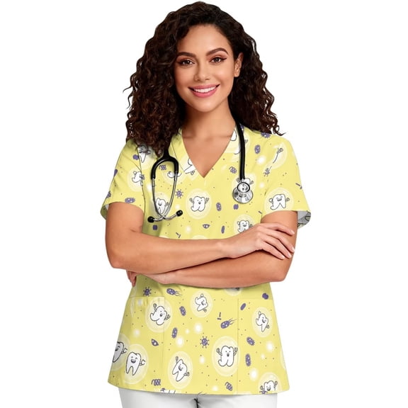 Zhangruoheng Medical Dental Prints Womens Scrub Tops Short Sleeve V Neck Scrub Shirt with Pockets Medical Nurse Uniforms Used for Pediatric Clinic, Medical Staff, Pet Esthetician Yellow Medium