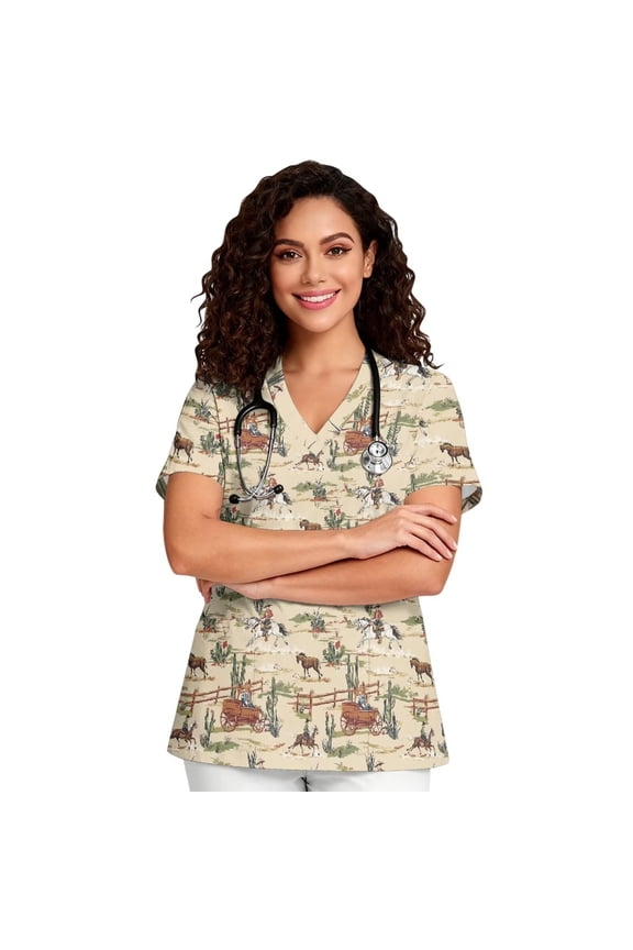 Western Cowboy Pattern Scrub Tops Women V Neck Short Sleeve Plus Size Scrubs Nursing Uniforms Shirts with Pockets Used for Pediatric Clinic, Work, Vacation Brown Small