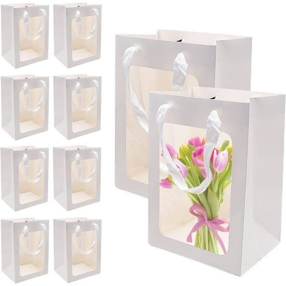 Zhangyh 10PCS Clear Gift Bags, 25x18x13cm Clear Bags for Gifts with Window White Kraft Paper Clear Gift Boxes Gift Wrapping Bags with Transparent Window for Wedding Decoration Festival Party Favours