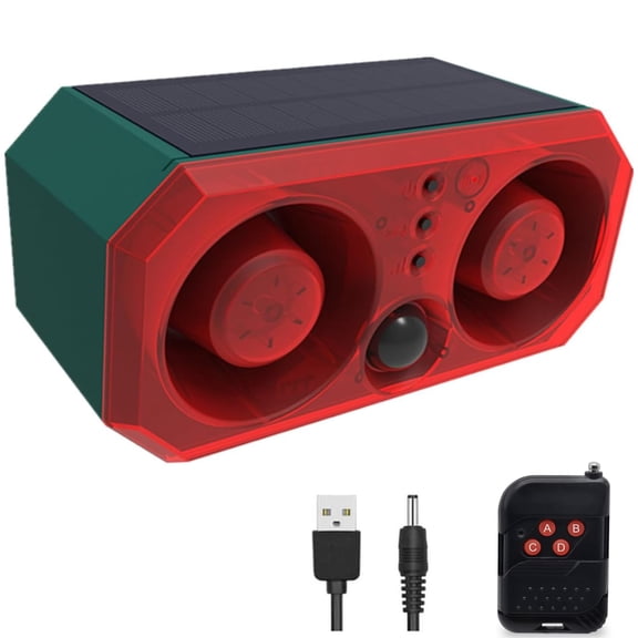 Zhangyh Solar Outdoor Motion Sensor Alarm with 13Sounds, 130db Dual Speaker Gunshot Dog Barking Sound Recording and Adjustable Volume Warning Security Strobe Light for Farm Yard Orchard Barn