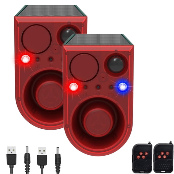 Zhangyh Solar Outdoor Motion Sensor Alarm with 13Sounds,130db Gunshot Dog Barking Sound Red Blue LED Flashing Warning Security Strobe Light with Recording Message for Farm Yard Orchard Barn