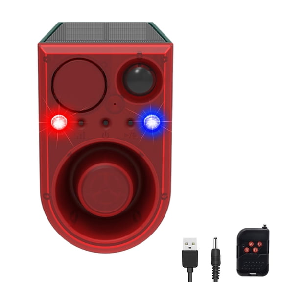 Zhangyh Solar Outdoor Motion Sensor Alarm with 13Sounds,130db Gunshot Dog Barking Sound Red Blue LED Flashing Warning Security Strobe Light with Recording Message for Farm Yard Orchard Barn