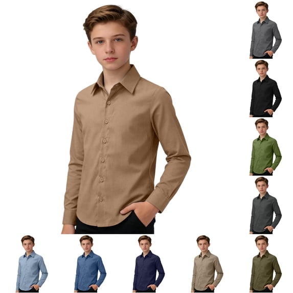 Zhanqunnn Boys Long Sleeve Button Down Shirt Linen Blend Classic Fit School Daily, Size 13-14 Years